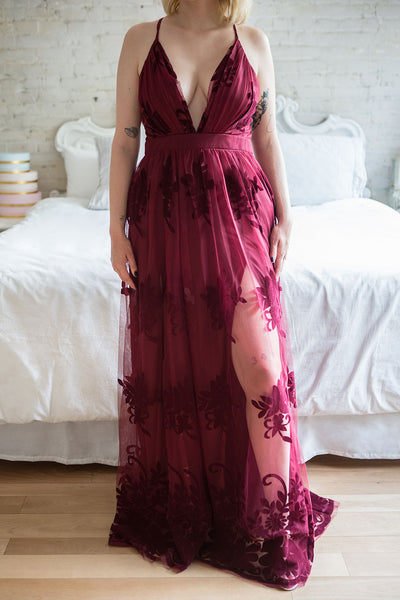 Kailania Burgundy Plunging Neckline Maxi Gown | Boutique 1861 on model