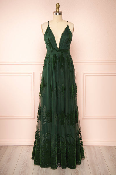 Kailania Green Plunging Neckline Mesh Maxi Gown | Boudoir 1861 front view