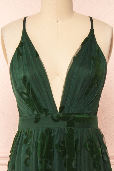 Kailania Green Plunging Neckline Mesh Maxi Gown | Boudoir 1861 front close-up