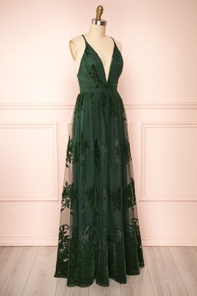 Kailania Green Plunging Neckline Mesh Maxi Gown | Boudoir 1861 side view