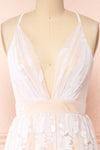 Kailania Day White Plunging Neckline Mesh Maxi Gown | Boudoir 1861 front close-up