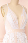 Kailania Day White Plunging Neckline Mesh Maxi Gown | Boudoir 1861 side close-up