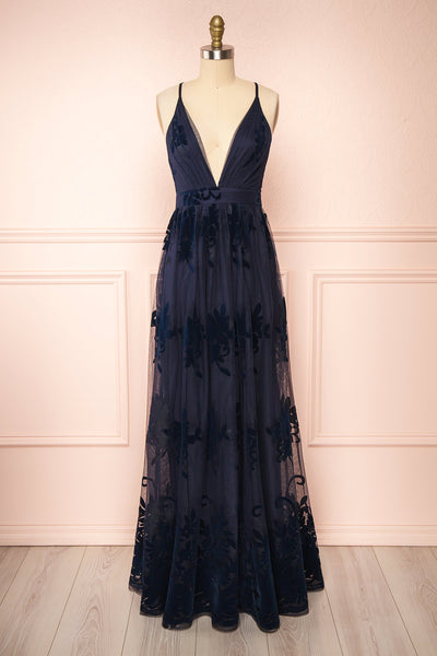 Kailania Navy Plunging Neckline Mesh Maxi Gown | Boudoir 1861 front view