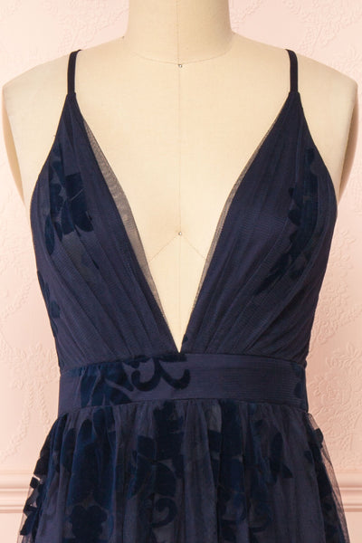 Kailania Navy Plunging Neckline Mesh Maxi Gown | Boudoir 1861 front close-up