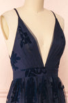Kailania Navy Plunging Neckline Mesh Maxi Gown | Boudoir 1861 side close-up