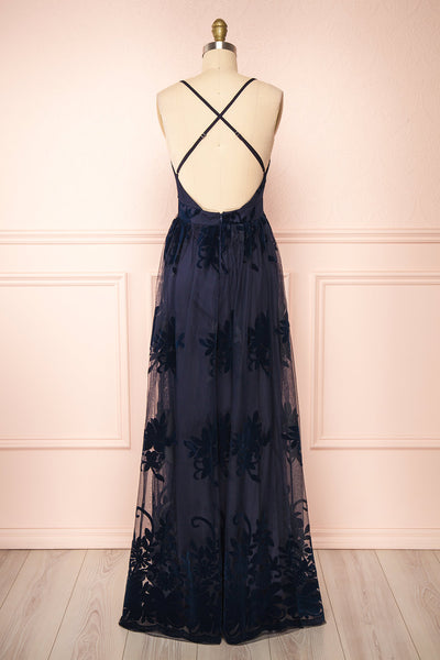 Kailania Navy Plunging Neckline Mesh Maxi Gown | Boudoir 1861 back view