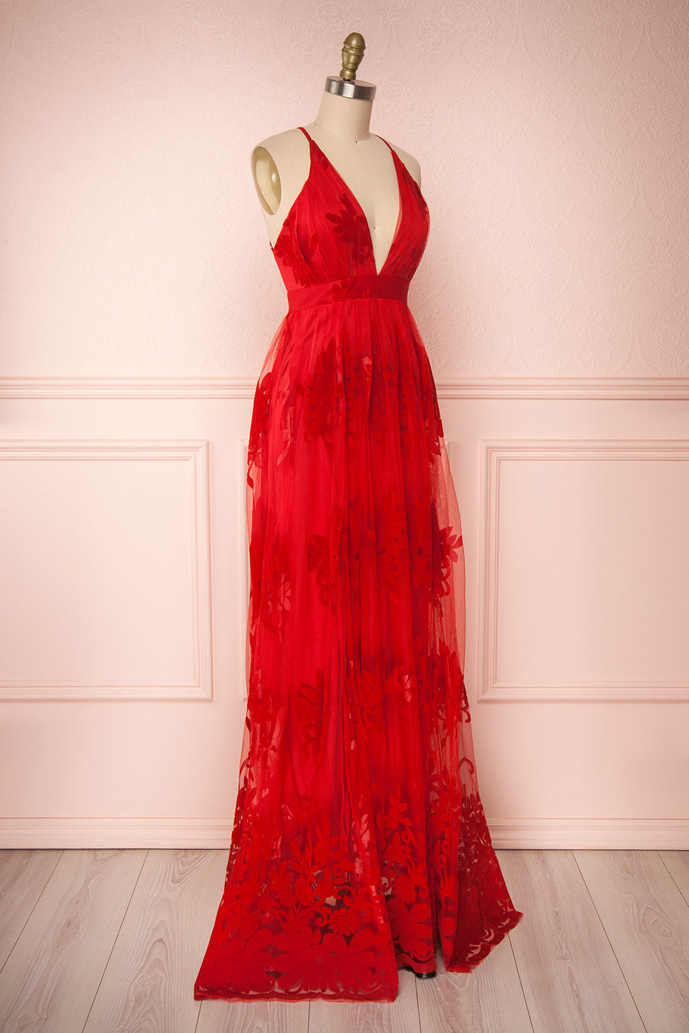 Kailania Red Plunging Neckline Mesh Maxi Gown | Boutique 1861 side view 