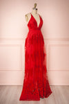 Kailania Red Plunging Neckline Mesh Maxi Gown | Boutique 1861 side view