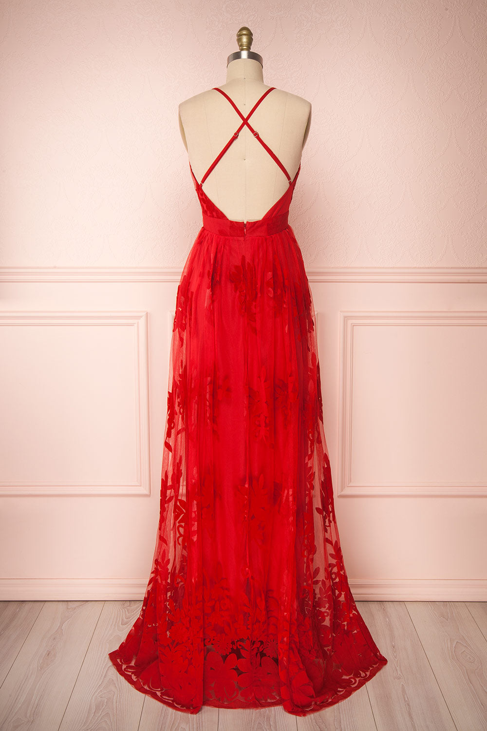 Kailania Red Plunging Neckline Mesh Maxi Gown | Boutique 1861 back view 
