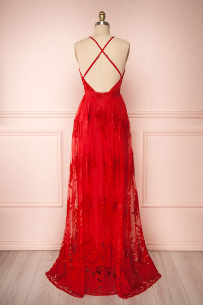 Kailania Red Plunging Neckline Mesh Maxi Gown | Boutique 1861 back view