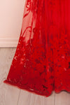 Kailania Red Plunging Neckline Mesh Maxi Gown | Boutique 1861 bottom close-up
