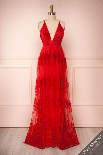 Kailania Red Plunging Neckline Mesh Maxi Gown | Boutique 1861 front view
