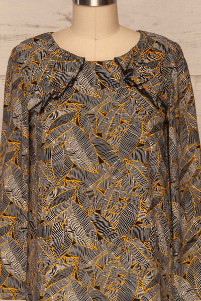 Kalamos Black Tunic Dress w/ Leaves Pattern front close up | La Petite Garçonne