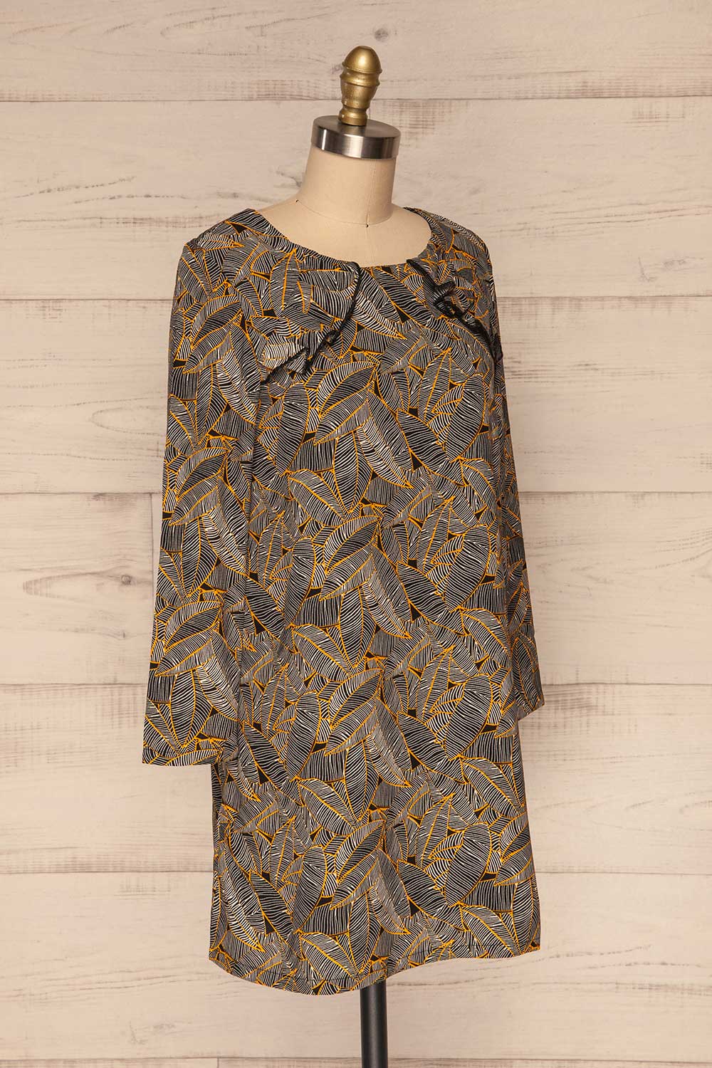 Kalamos Black Tunic Dress w/ Leaves Pattern side view | La Petite Garçonne