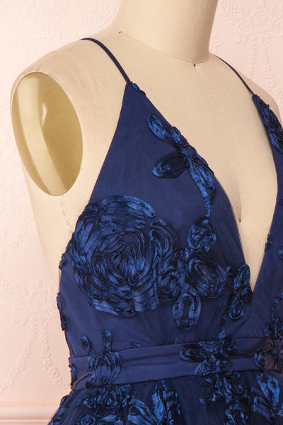 Kalena Navy Blue Party Dress | Robe de Fête side close up | Boutique 1861