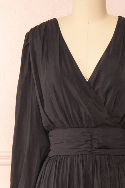 Kalinda Black Long Sleeve Midi Dress | Boutique 1861 front close-up