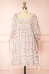 Kalla Pink Floral Short Dress w/ 3/4 Puffy Sleeves | Boutique 1861 front view