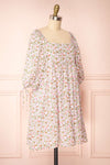 Kalla Pink Floral Short Dress w/ 3/4 Puffy Sleeves | Boutique 1861 side view