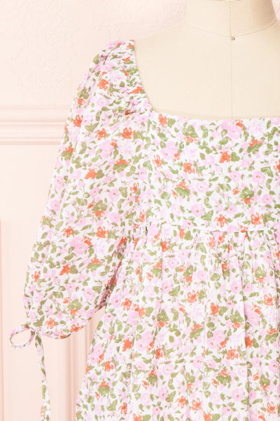 Kalla Mini Pink 3/4 Puffy Sleeve Short Floral Dress | Boutique 1861 front close-up