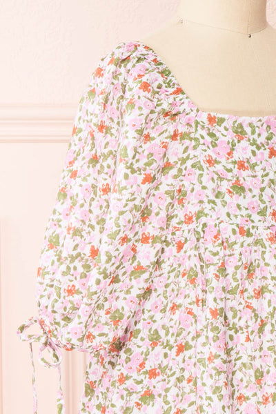 Kalla Mini Pink 3/4 Puffy Sleeve Short Floral Dress | Boutique 1861 side close-up