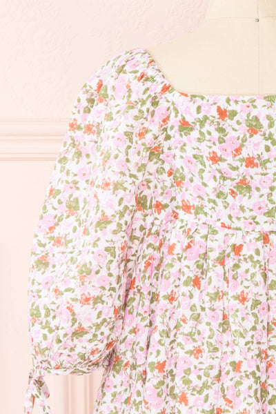 Kalla Mini Pink 3/4 Puffy Sleeve Short Floral Dress | Boutique 1861 back close-up