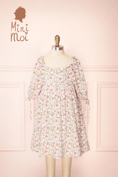 Kalla Mini Pink 3/4 Puffy Sleeve Short Floral Dress | Boutique 1861 front view