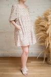 Kalla Pink Floral Short Dress w/ 3/4 Puffy Sleeves | Boutique 1861 model