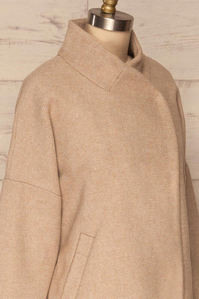 Kallithea Long Beige Loose Wool-Blend Coat side close up | La Petite Garçonne