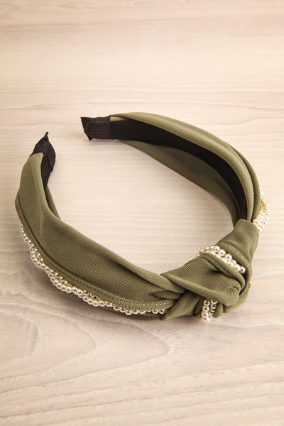 Kalypso Olive Knotted Fabric Headband w Pearls | La Petite Garçonne