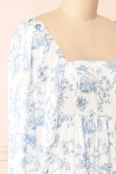 Kamek Satin Babydoll Dress w/ Vintage Floral Pattern | Boutique 1861  side close-up