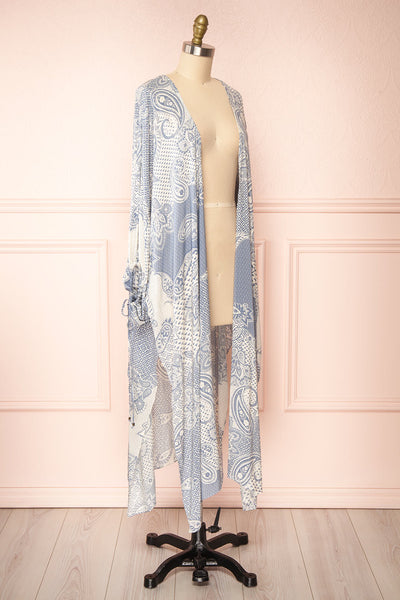 Karenne Blue & White Paisley Patterned Open Kimono | Boutique 1861  side view
