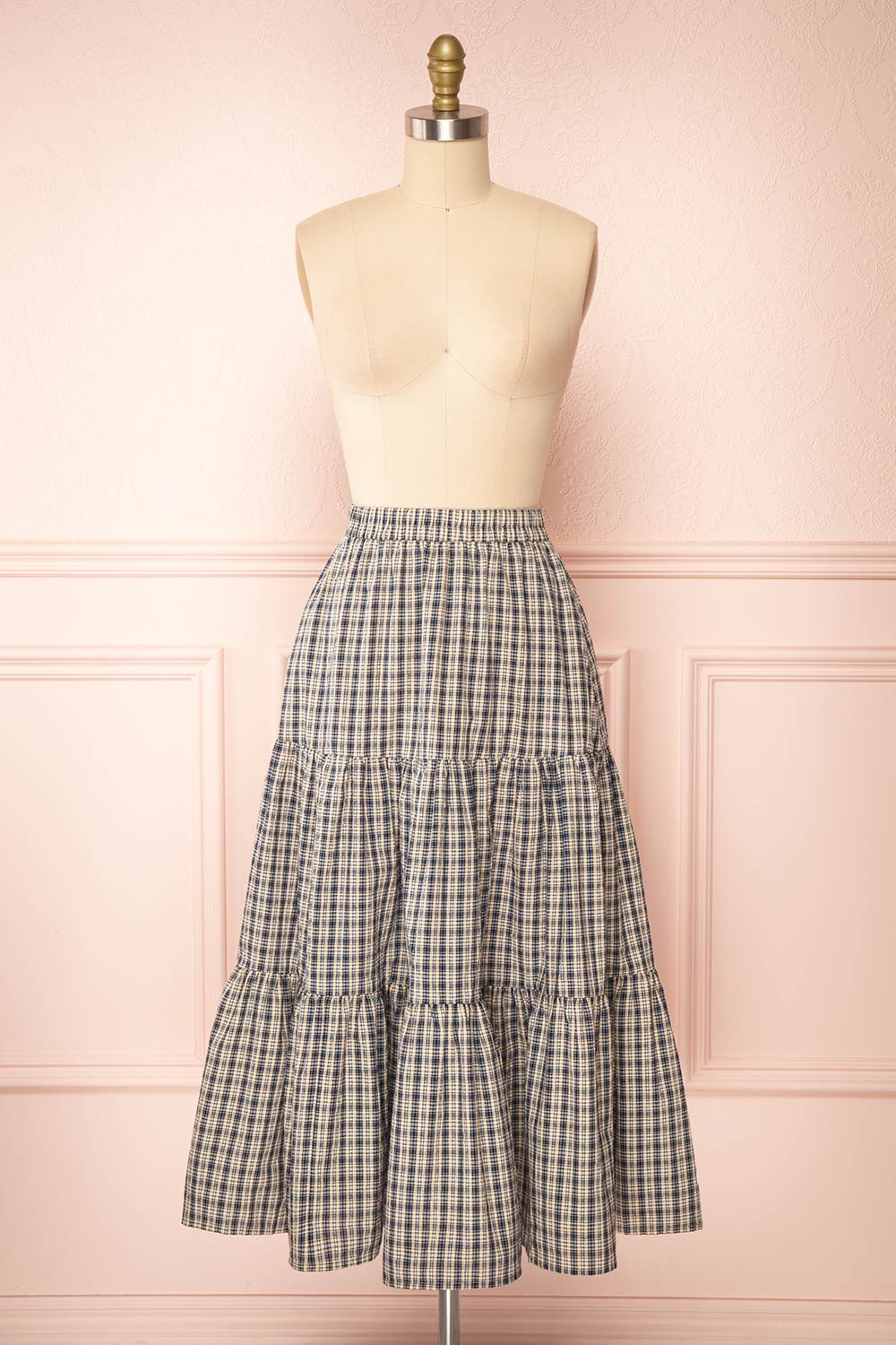 Karole Tiered Plaid Midi Skirt w/ Elastic Waist | Boutique 1861 front view