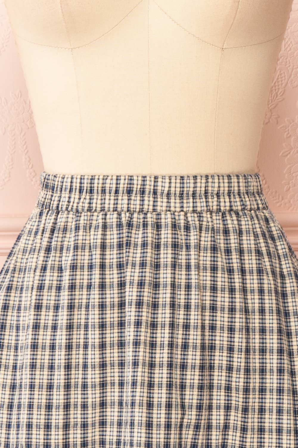 Karole Tiered Plaid Midi Skirt w/ Elastic Waist | Boutique 1861 front close-up