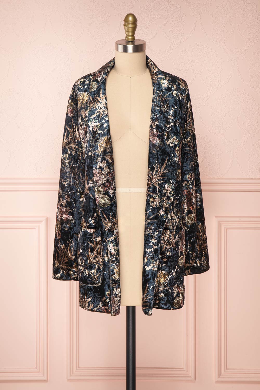 Kassiah Black Floral Velvet Open Blazer front view | Boutique 1861