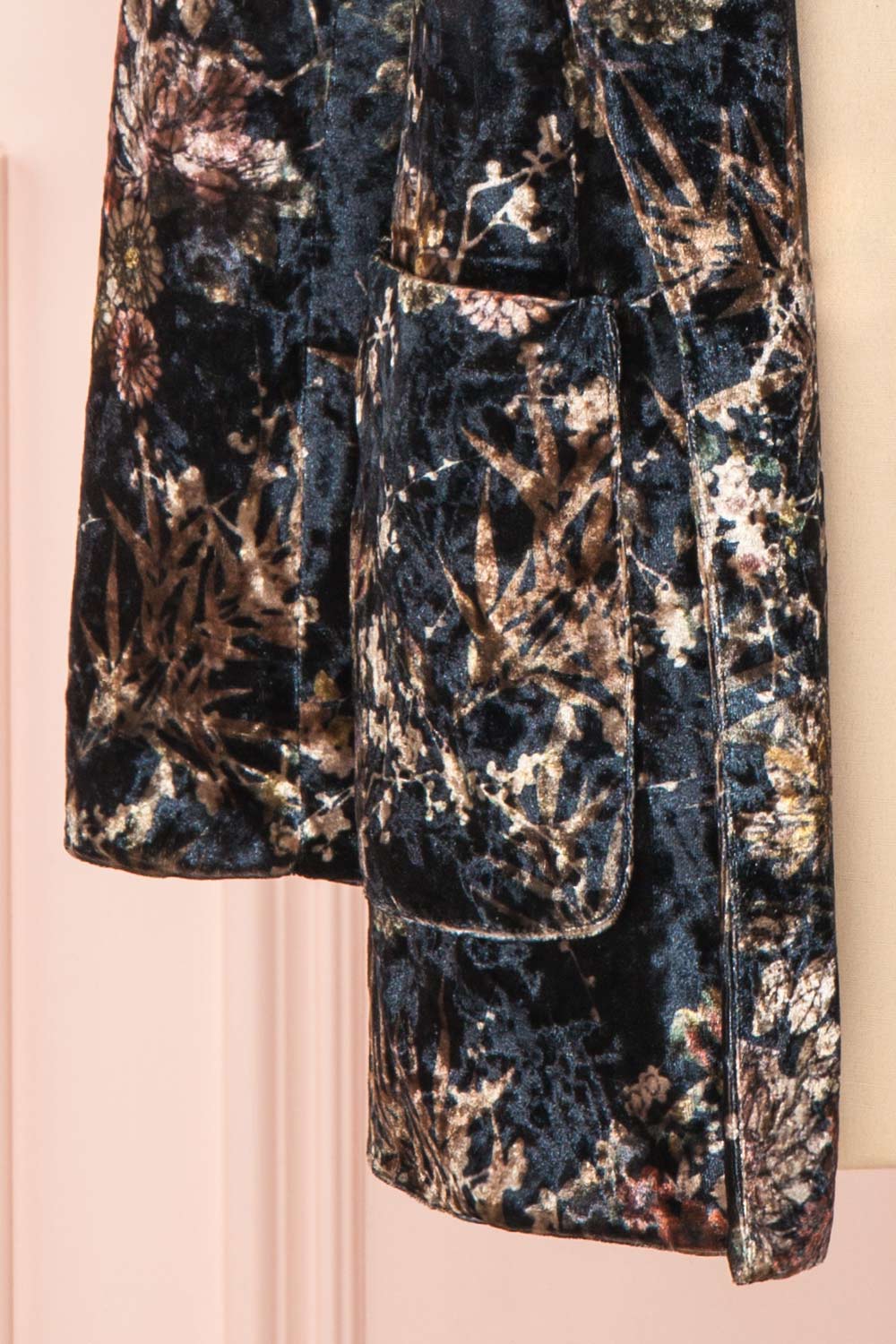 Kassiah Black Floral Velvet Open Blazer sleeve close up | Boutique 1861