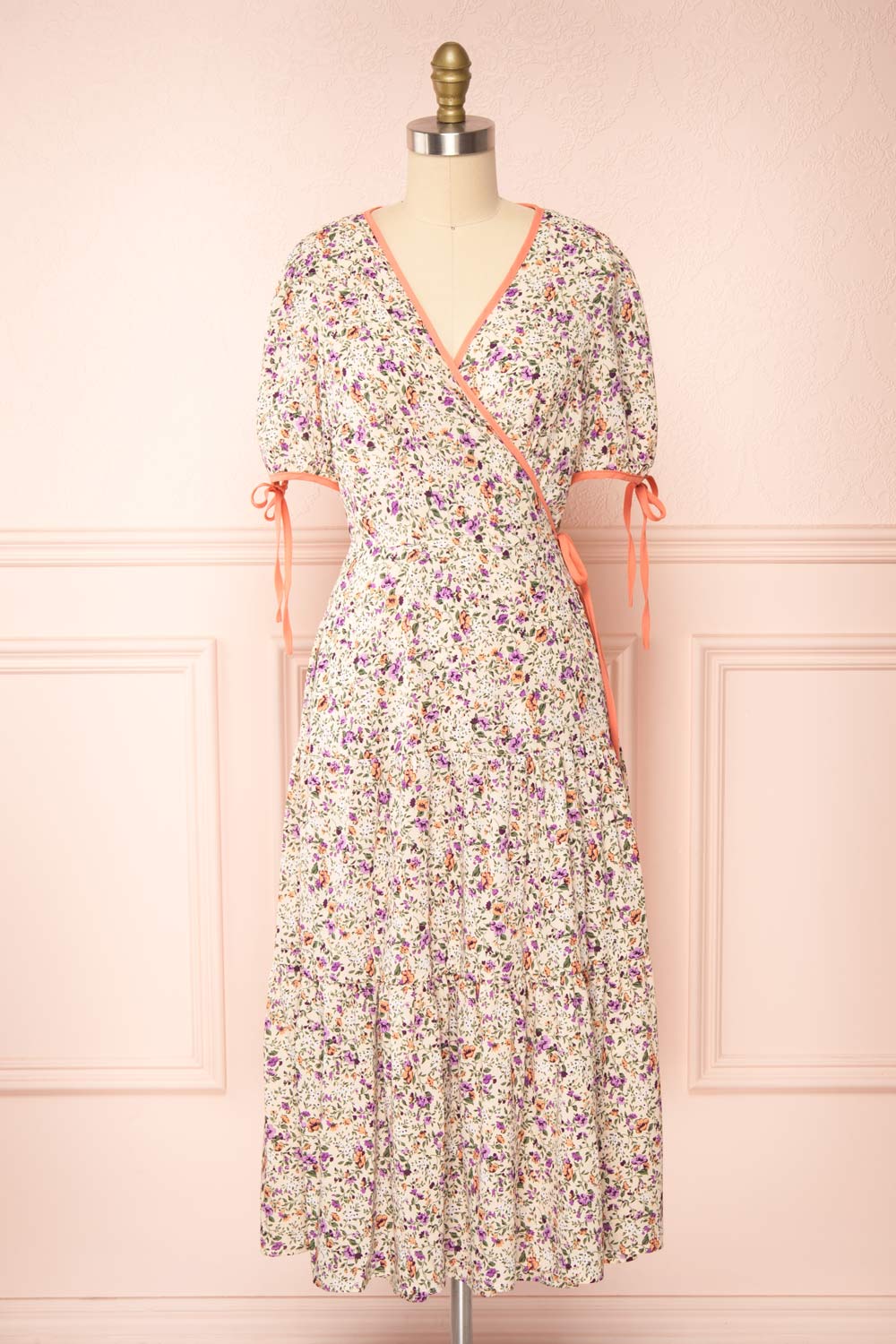 Kate Beige Floral Midi Wrap Dress | Boutique 1861 front view