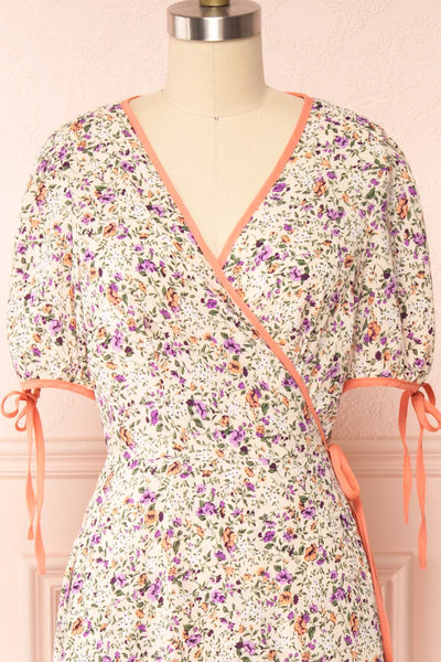 Kate Beige Floral Midi Wrap Dress | Boutique 1861 front close up