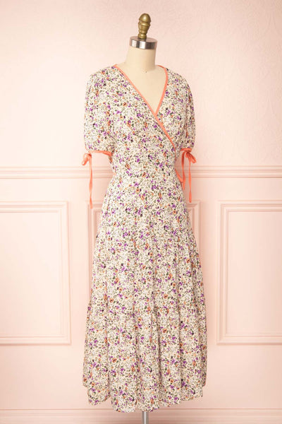 Kate Beige Floral Midi Wrap Dress | Boutique 1861 side view