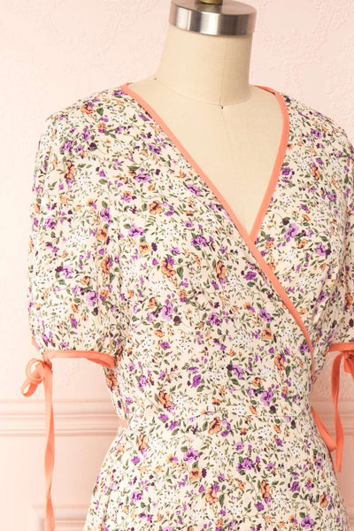 Kate Beige Floral Midi Wrap Dress | Boutique 1861 side close up