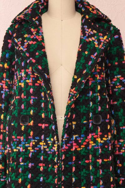 Katerini Black & Colourful Woven Coat | Boutique 1861 front open close-up