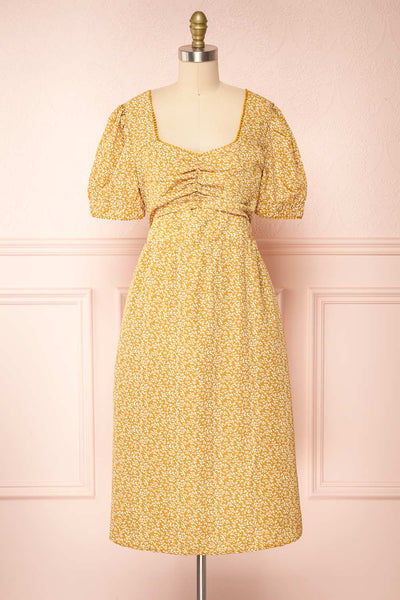 Kathya Yellow Floral Short Sleeve Midi Dress | Boutique 1861 front view