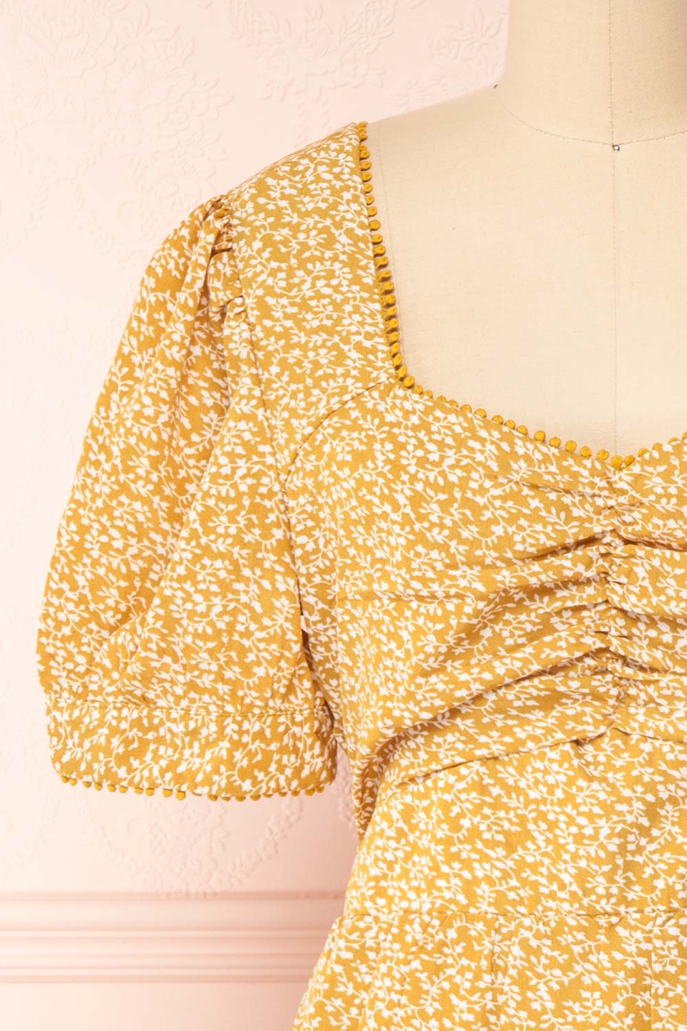 Kathya Yellow Floral Short Sleeve Midi Dress | Boutique 1861 front close-up