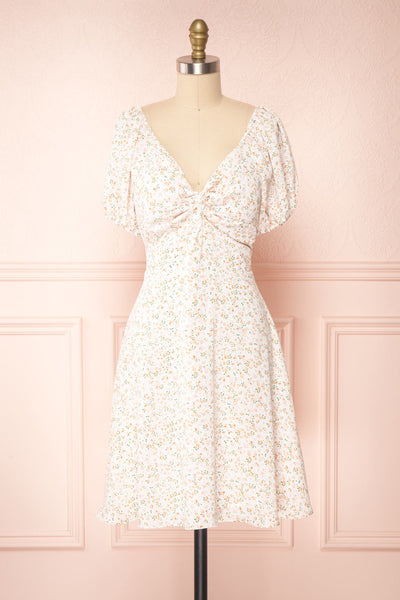 Katoma White Puffy Sleeve Short Floral Dress | Boutique 1861 front view