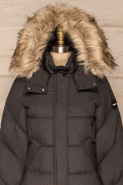 Katowice Dark Grey Quilted Coat w/ Faux Fur Hood | La Petite Garçonne front close-up hood