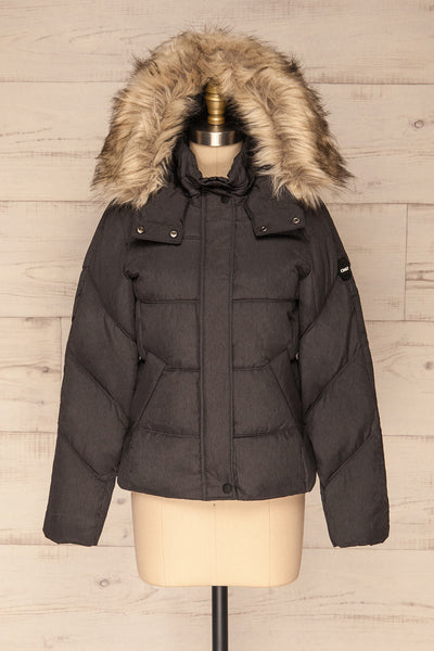 Katowice Dark Grey Quilted Coat w/ Faux Fur Hood | La Petite Garçonne front view hood