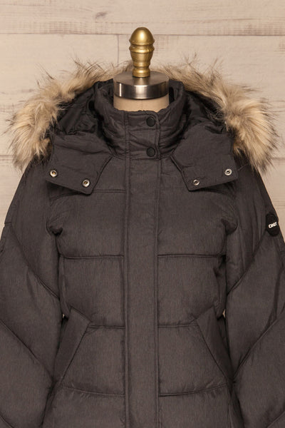 Katowice Dark Grey Quilted Coat w/ Faux Fur Hood | La Petite Garçonne front close-up