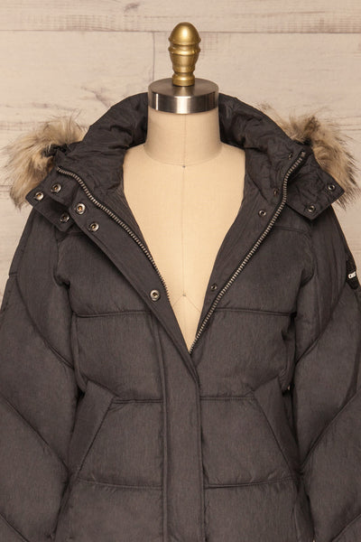 Katowice Dark Grey Quilted Coat w/ Faux Fur Hood | La Petite Garçonne front close-up open