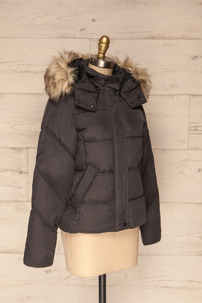 Katowice Dark Grey Quilted Coat w/ Faux Fur Hood | La Petite Garçonne side view