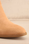 Kauri Beige Heeled Suede Ankle Boots | La petite garçonne front close-up