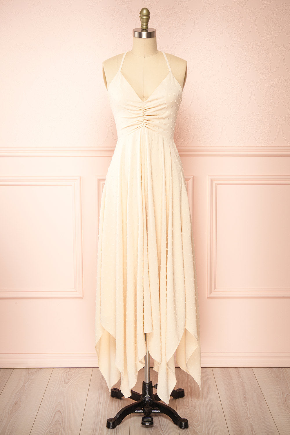 Keila Asymmetrical Beige Midi Dress | Boutique 1861 front view